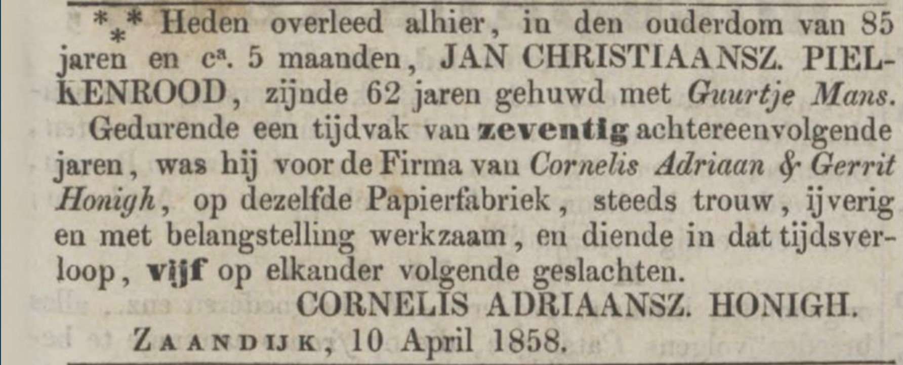 overlijdingsadvertentie Jan Pielkenrood